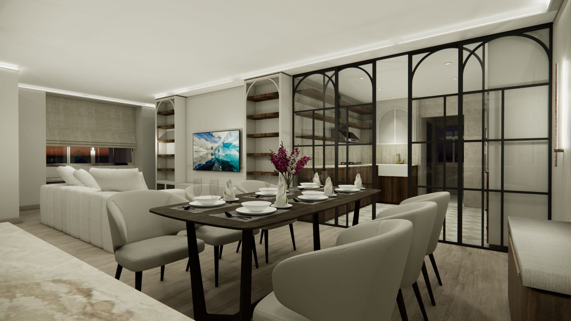 Luxe arched dining and living interior render