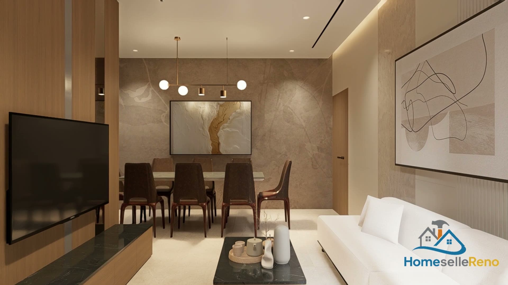 Living and dining interior render with timber feature wall