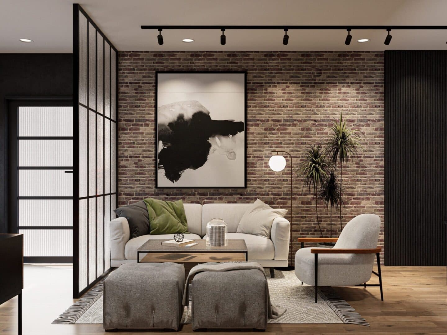Condo living room with industrial brick by HSR Interior